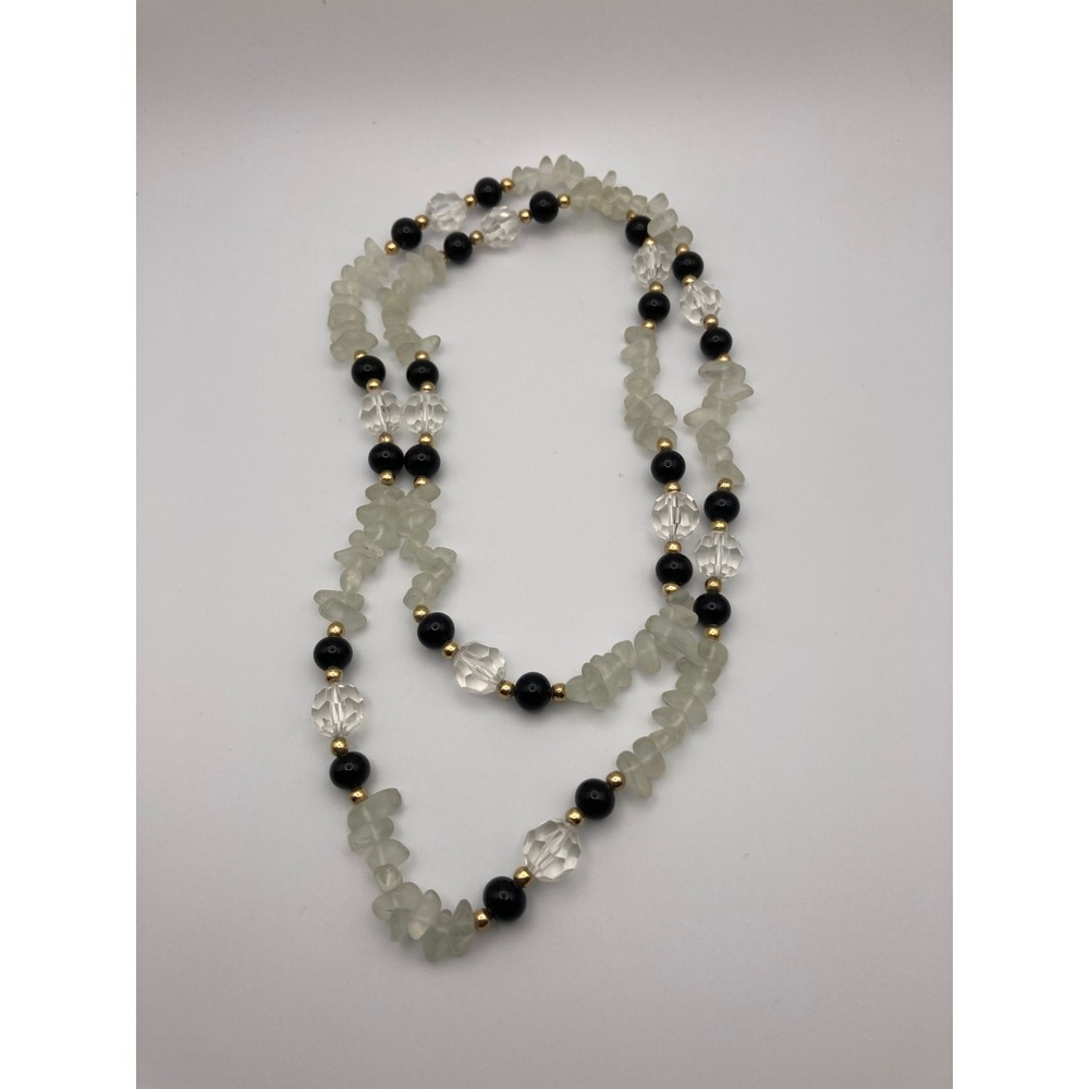 Long Beaded Necklace Clear‎ Faceted Round Black Gold Accent Costume Jewelry